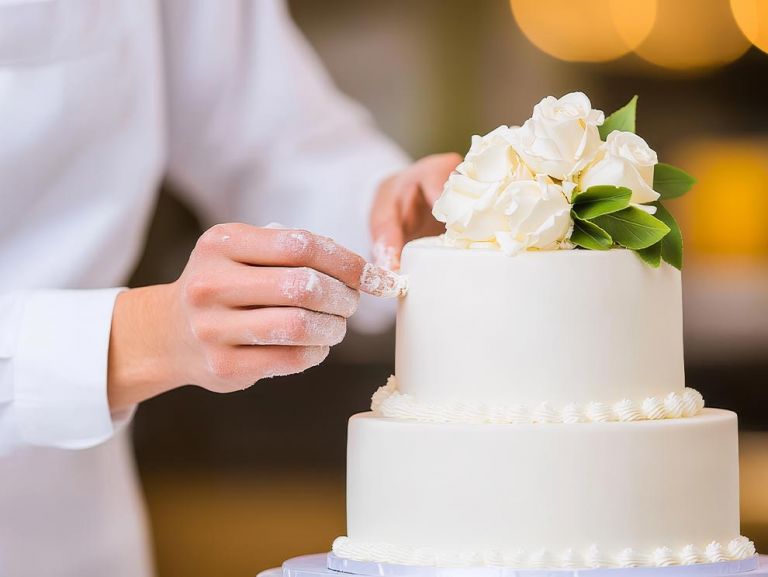 Pastry chef decorates a two-tiered white wedding cake with white fondant roses