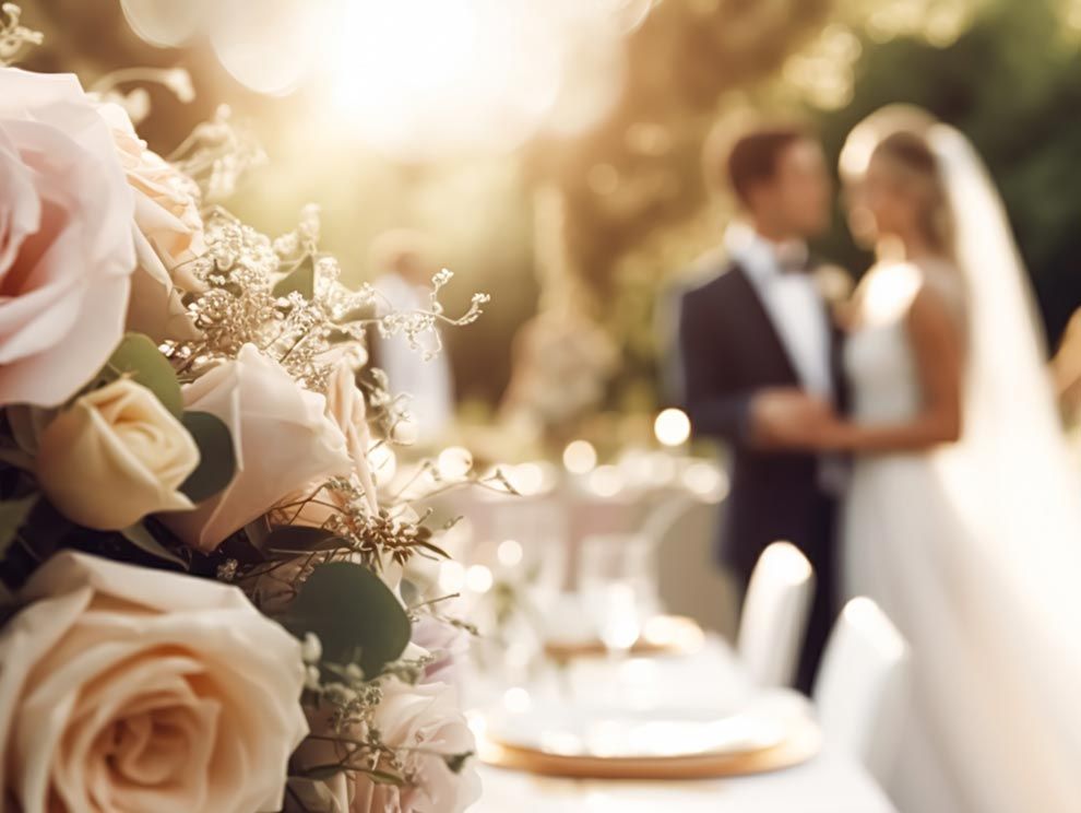 In the foreground, a bouquet of roses. Blurred in the background, a newlywed couple.